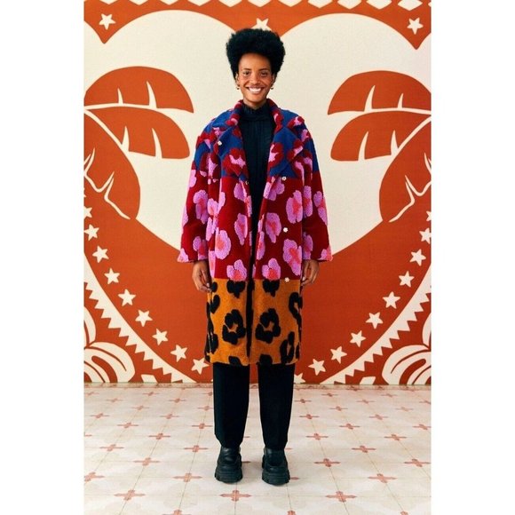 FARM Rio Coat L Mixed Leopards Fleece Coat Pink Multi Belted Cozy - Picture 2 of 15